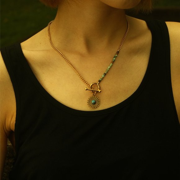 Boho-Chic McKENZIE Necklace - Natural Blue Stone & Gold - Ornate Sun Pendant - Picture 5 of 8